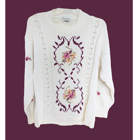 Vintage Sweaters - Vintage Retro 90s Hunter's Glen White Cable Knit Floral Leaves Sweater Size Med